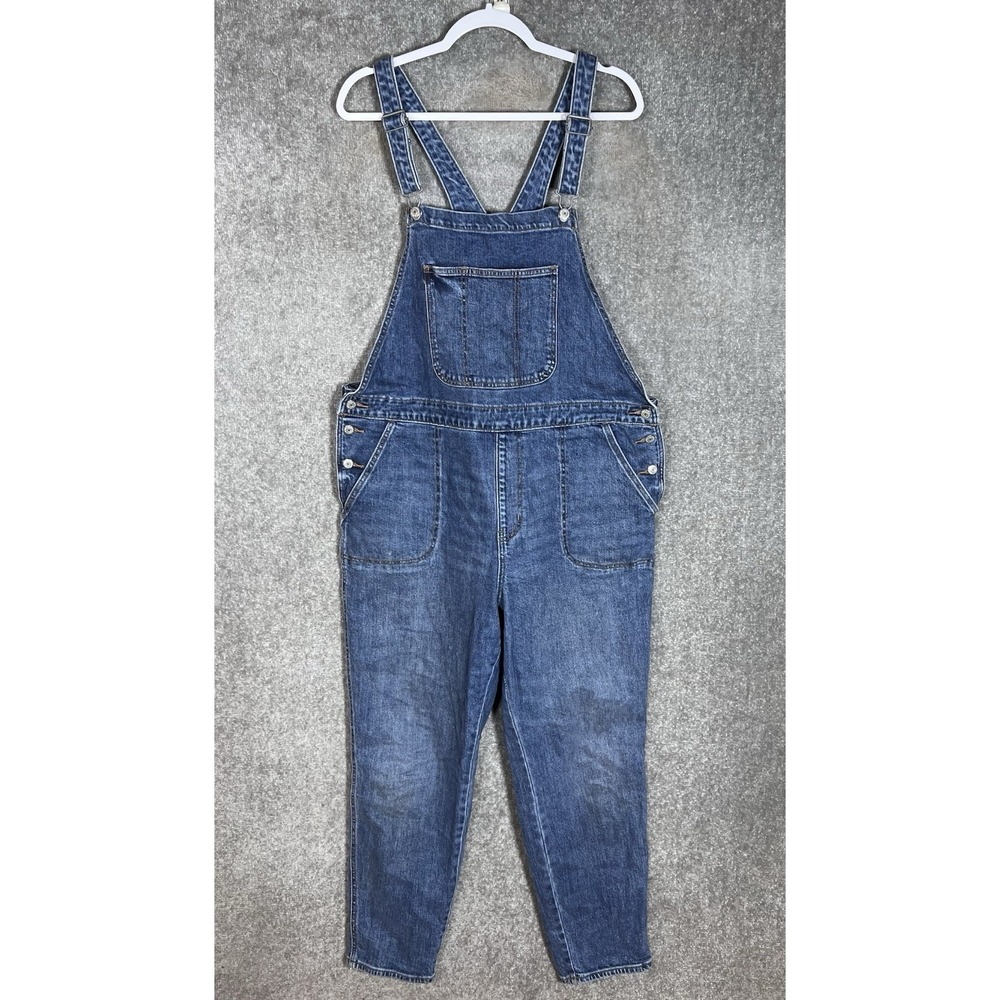 Old Navy Denim Bib Overalls Womens Size 18 Blue Stretch Pockets Tapered Leg